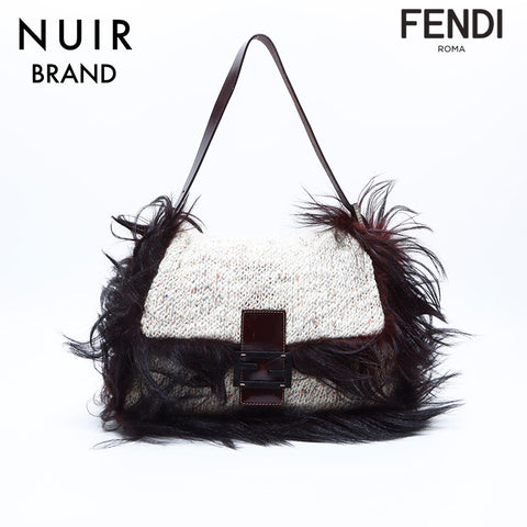 FENDI Knit Fur Mamma Bucket Shoulder Bag Beige WS7745