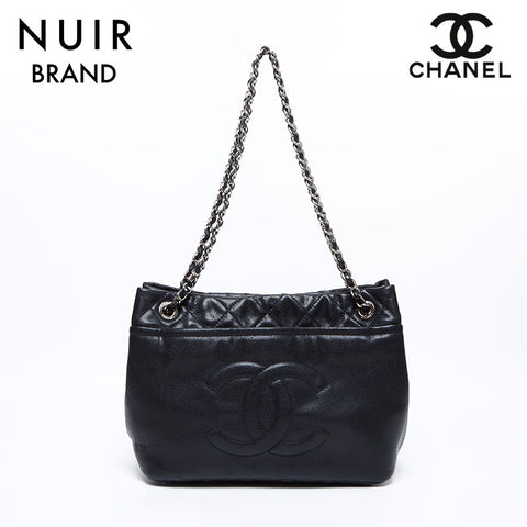 シャネル CHANEL 13番台 キャビアスキン チェーントート シルバー ショルダーバッグ ブラック WS7791