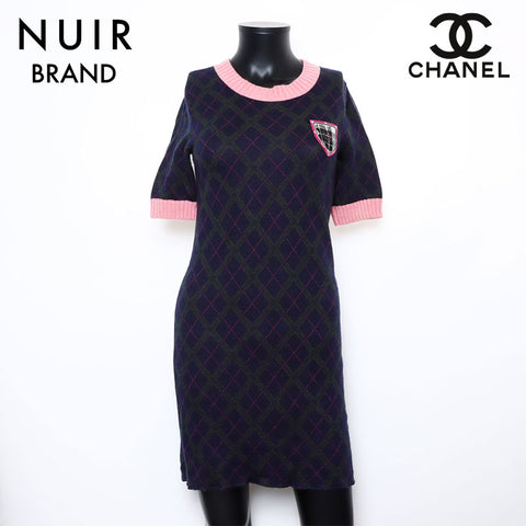 シャネル CHANEL サイズ:34 半袖 カシミア ココマーク ワッペン ワンピース ネイビー WS7797
