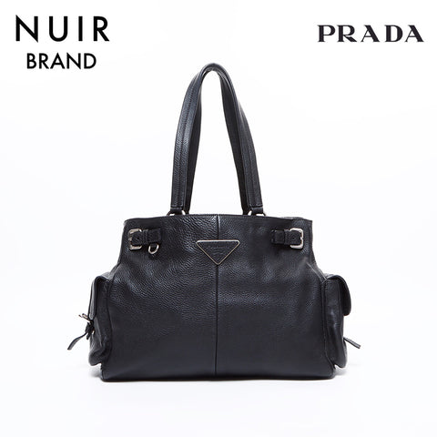 PRADA Silver Metal Fittings Side Pockets Dino Shoulder Bag Black WS7815