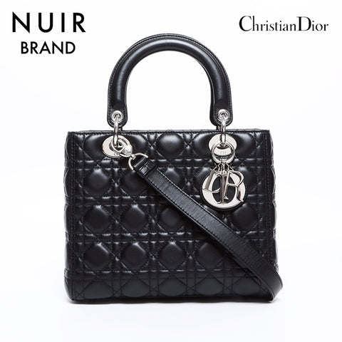 Christian Dior Lady Dior Silver Fittings Lambskin 2-way Shoulder Bag Black WS7816