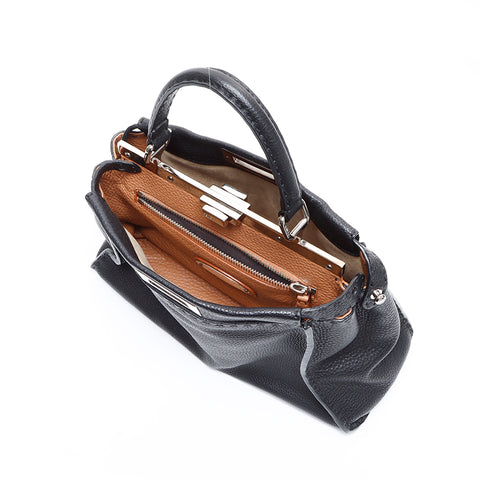FENDI Peekaboo 2way Leather Silver Hardware Shoulder Bag Black WS7817