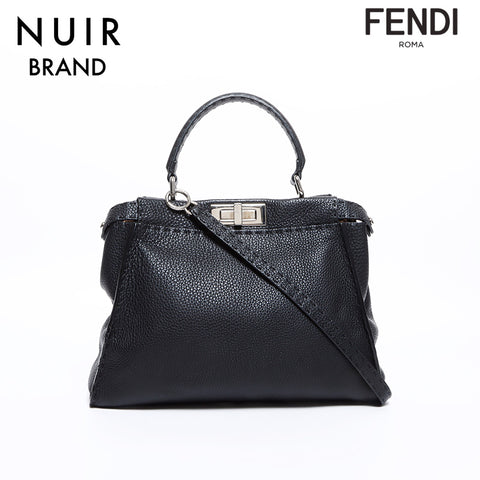 FENDI Peekaboo 2way Leather Silver Hardware Shoulder Bag Black WS7817
