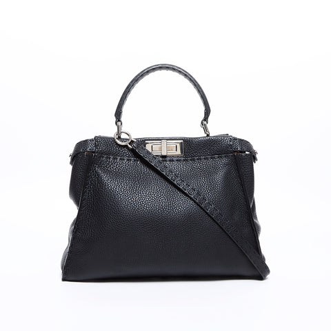 FENDI Peekaboo 2way Leather Silver Hardware Shoulder Bag Black WS7817