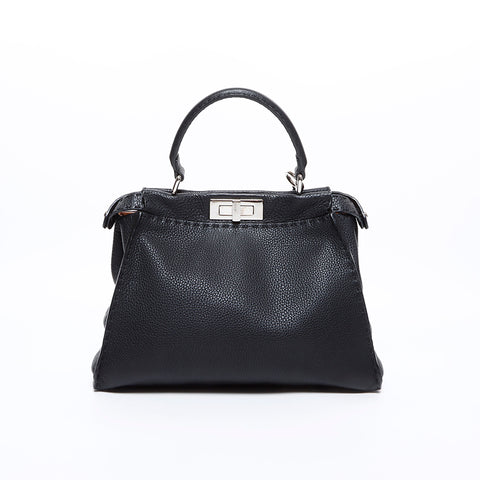 FENDI Peekaboo 2way Leather Silver Hardware Shoulder Bag Black WS7817