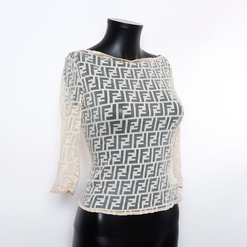 FENDI Size: 36 Zucca See-through Short Sleeve Shirt Beige WS7843