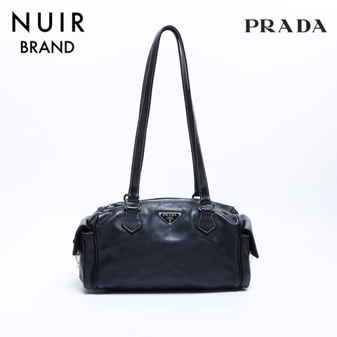 PRADA Side Pocket Leather Shoulder Bag Black WS7940