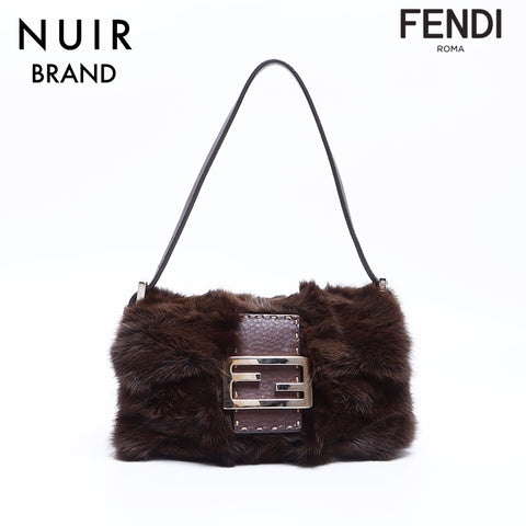 FENDI Fur Mini Mamma Bucket Handbag Brown WS7950
