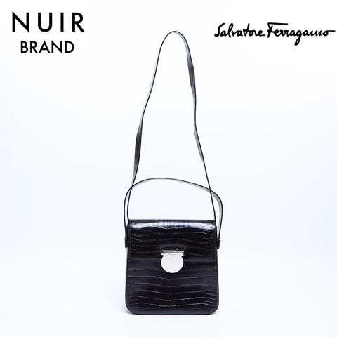 Salvatore Ferragamo Embossed Silver Hardware Handbag Black WS7952