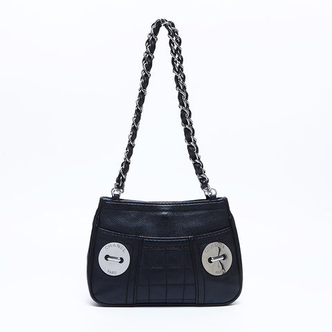 Chanel CHANEL No. 9 Caviar Skin Button Chain Silver Metal Shoulder Bag Black WS8026