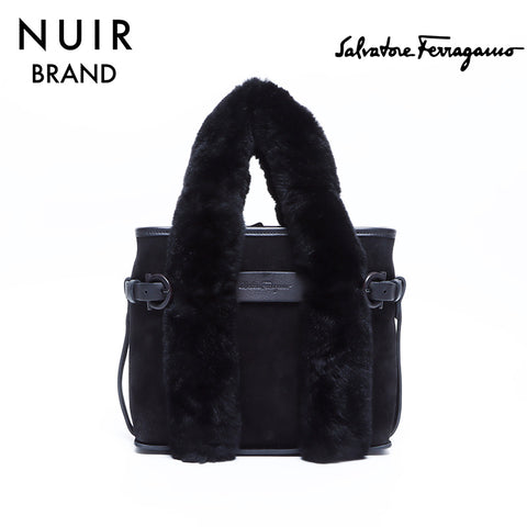 Salvatore Ferragamo Suede Fur Handbag Black WS8041