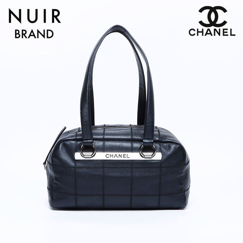 Chanel CHANEL No. 10 Caviar Skin Chocolate Bar Silver Hardware Shoulder Bag Black WS8096