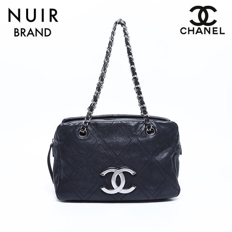 シャネル CHANEL 10番台 デカココマーク シルバー金具 ワイルドステッチ チェーン ショルダーバッグ ブラック WS8100