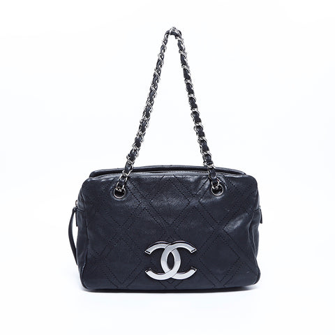 シャネル CHANEL 10番台 デカココマーク シルバー金具 ワイルドステッチ チェーン ショルダーバッグ ブラック WS8100