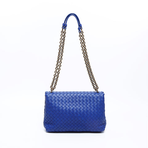 ボッテガヴェネタ BOTTEGAVENETA オリンピア　レザー イントレチャート チェーン ショルダーバッグ ブルー WS8128