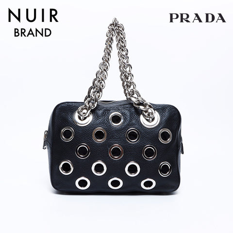 Prada皮革银链肩带黑色WS8195