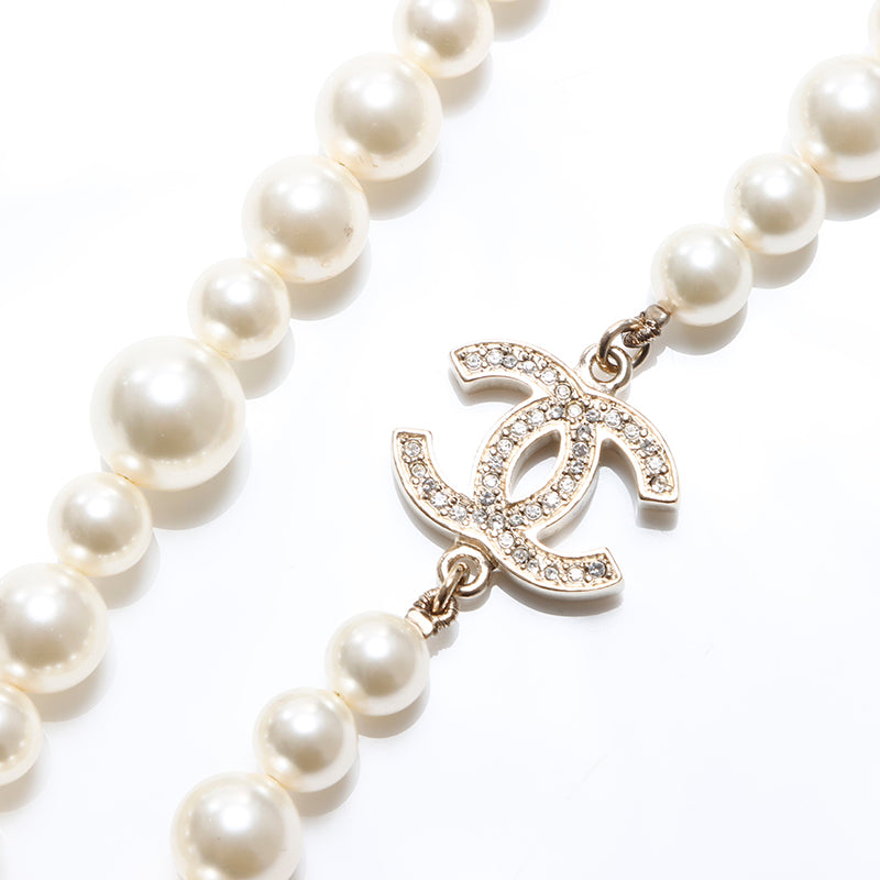 Chanel A12P Pearl 2-row Coco Mark Rhinestone Necklace White