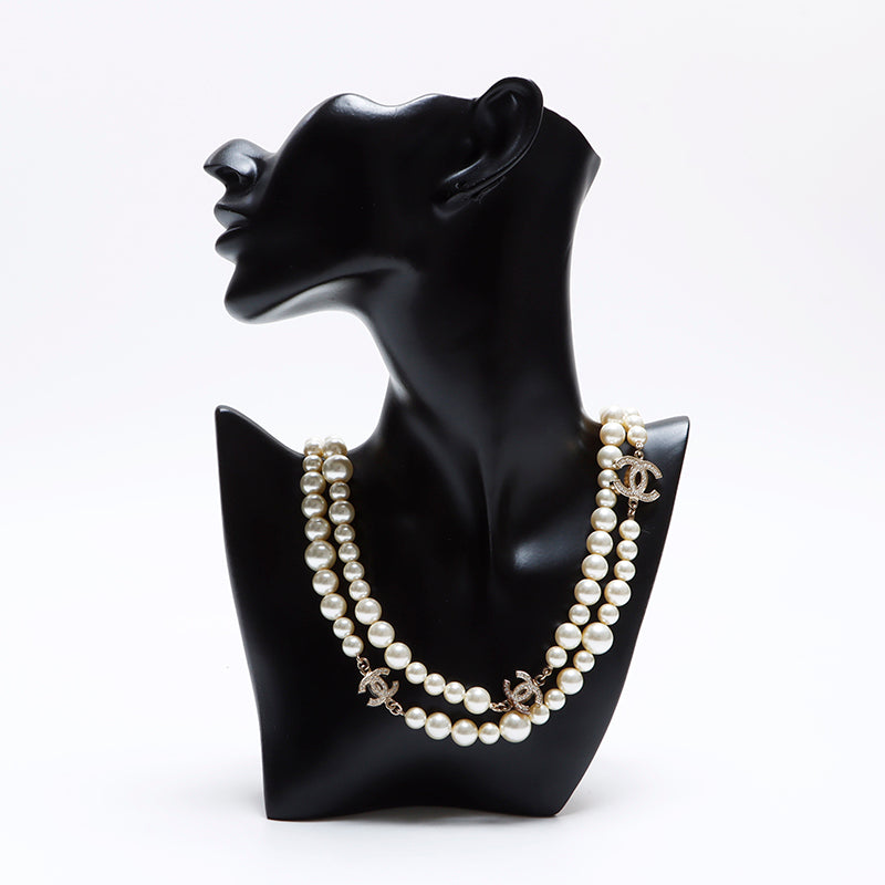 アクセサリー CHANEL Chanel A12P Pearl 2-row Coco Mark Rhinestone Necklace White WS8205
