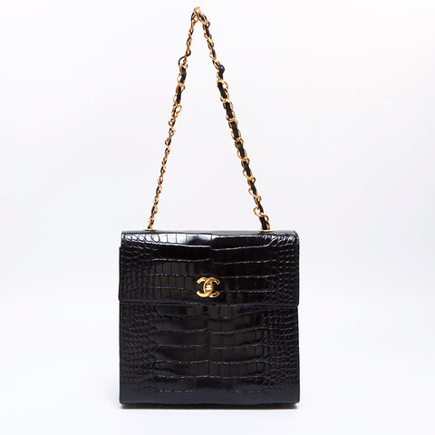 シャネル CHANEL 5番台 ココマーク クロコ革 チェーン ショルダーバッグ ブラック WS8311