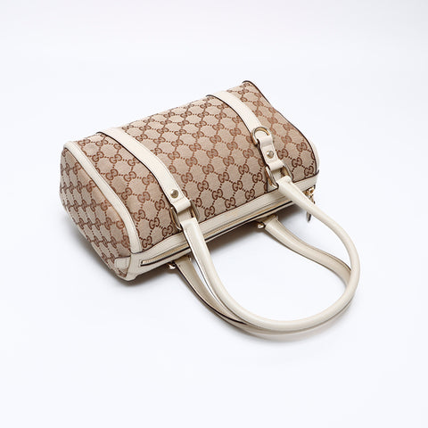 グッチ GUCCI GGキャンバス ボストン ホワイト レザー ショルダーバッグ ベージュ WS8326