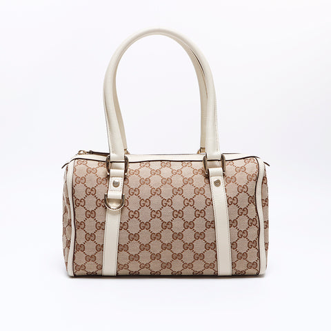 グッチ GUCCI GGキャンバス ボストン ホワイト レザー ショルダーバッグ ベージュ WS8326