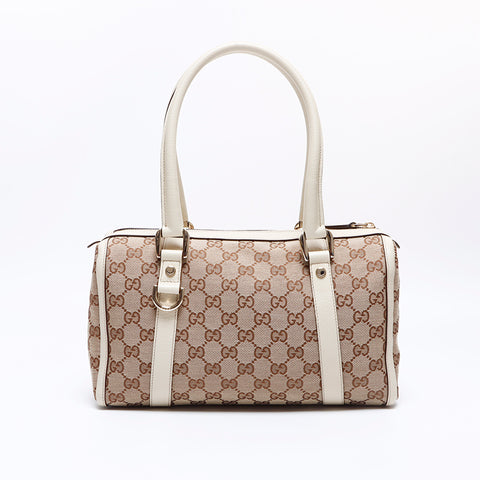 グッチ GUCCI GGキャンバス ボストン ホワイト レザー ショルダーバッグ ベージュ WS8326