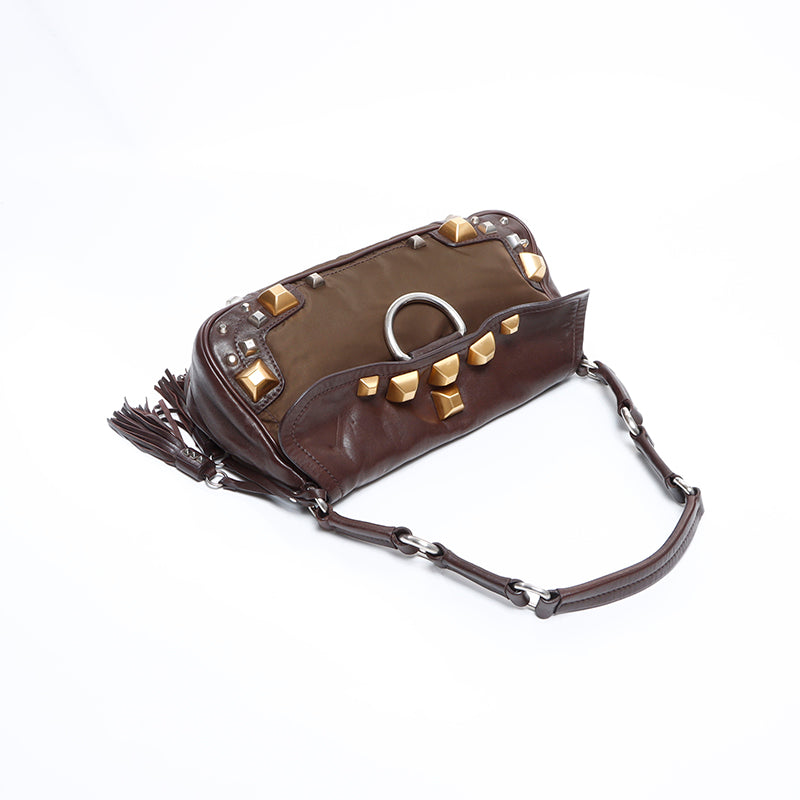 PRADA Lambskin Studded Leather One Shoulder Bag Brown WS8345