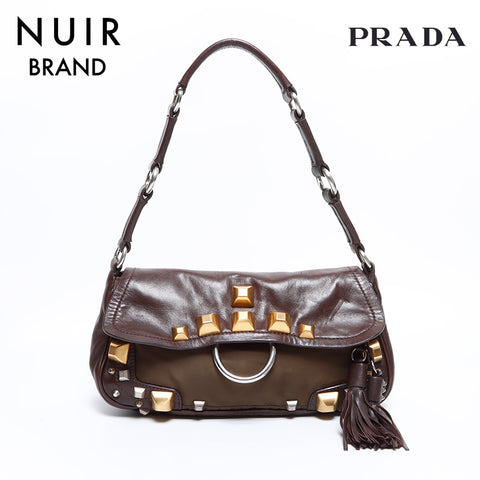 Prada Lambskin饰钉皮革一个肩带棕色WS8345