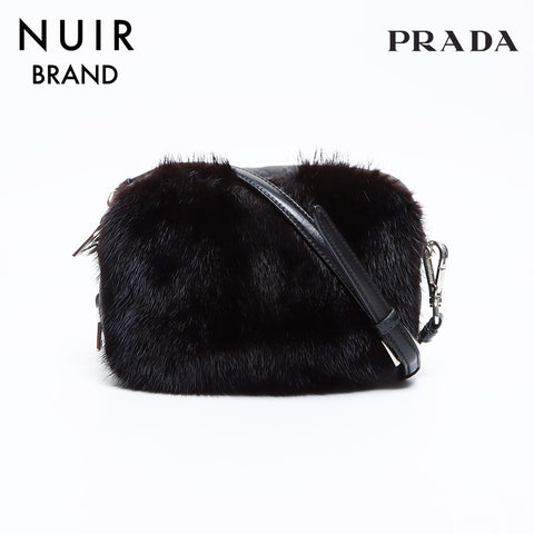 Prada Leather Fur银色金属缝与肩袋黑色WS8405
