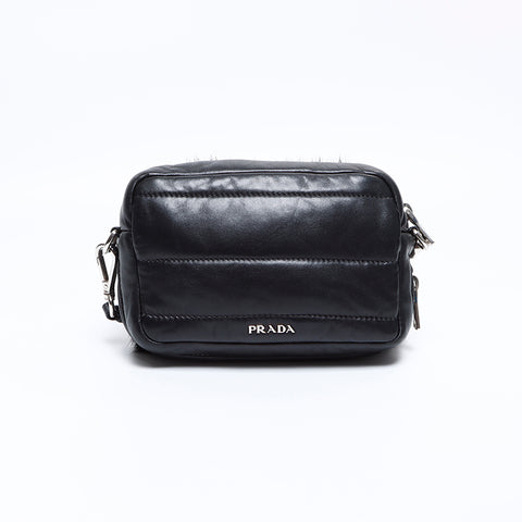 Prada Leather Fur银色金属缝与肩袋黑色WS8405