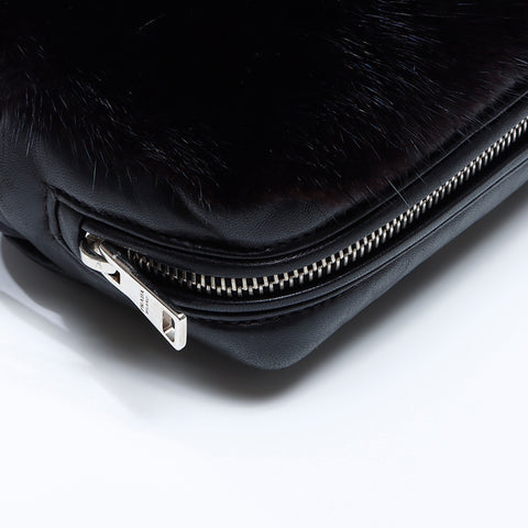 Prada Leather Fur银色金属缝与肩袋黑色WS8405