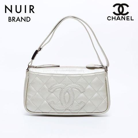 シャネル CHANEL 10番台 メタリック タイムレス パールポシェット キャビアスキン ココマーク ショルダーバッグ シルバー WS8474