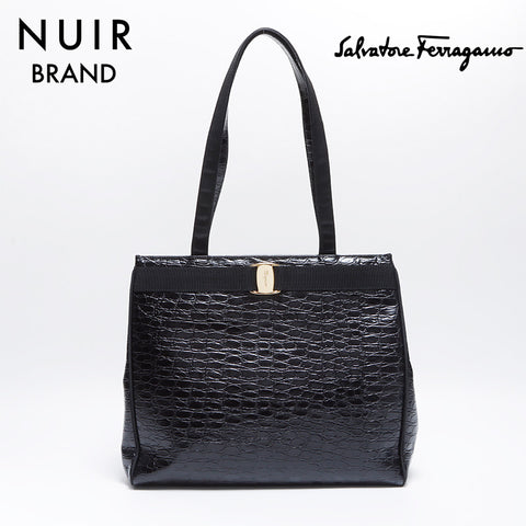 Salvatore Ferragamo Embossed Leather Shoulder Bag Black WS8582