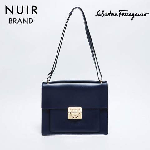 Salvatore Ferragamo Gancini Leather Shoulder Bag Navy WS8622