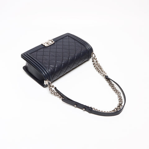 シャネル CHANEL 19番台 ボーイシャネル ラムスキン シルバー金具 チェーン ショルダーバッグ ネイビー WS8629