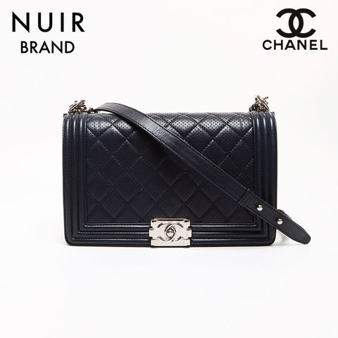 シャネル CHANEL 19番台 ボーイシャネル ラムスキン シルバー金具 チェーン ショルダーバッグ ネイビー WS8629