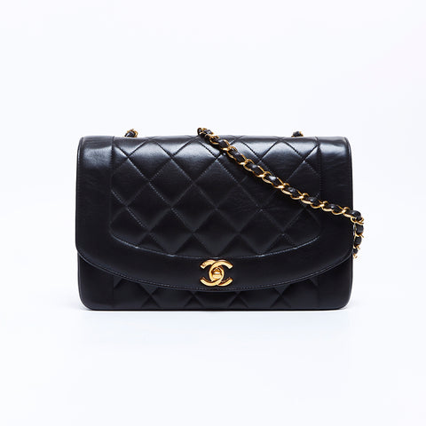 Chanel Diana 25 No. 3 Lambskin Matelasse连锁可可标记肩袋黑色WS8633