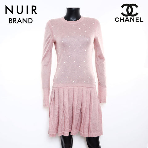 Chanel CHANEL 38 Pearl Long Sleeve Mohair Silk 2000s Dress Pink WS8676