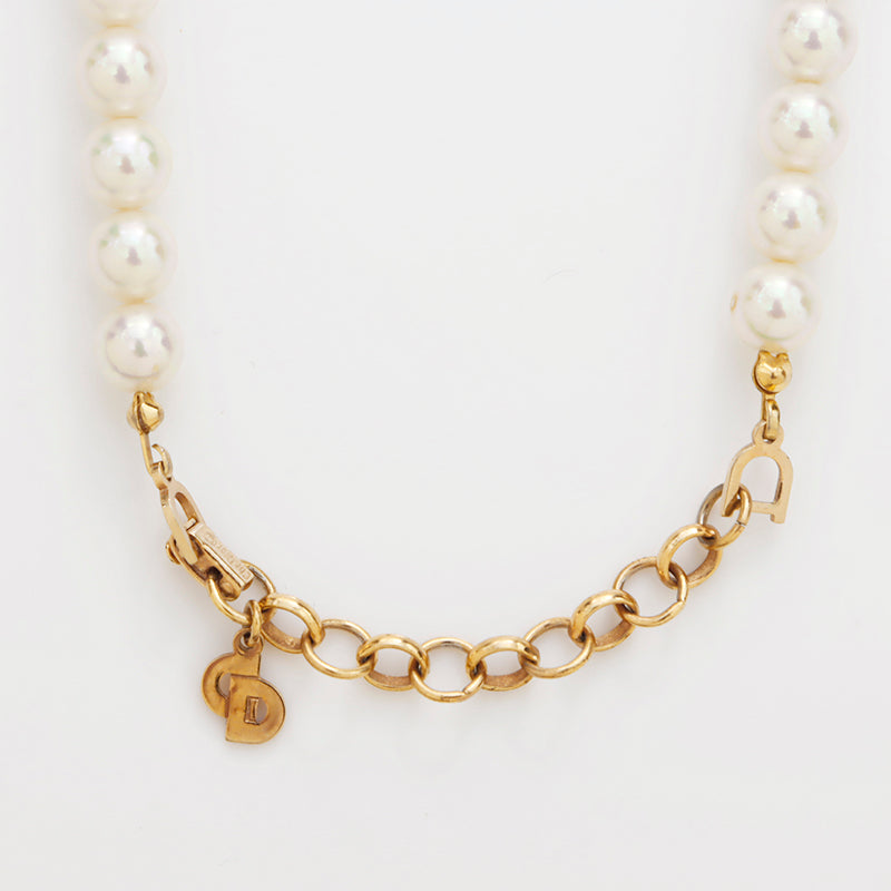 Christian Dior Rhinestone Pearl Vintage Necklace Gold WS8858