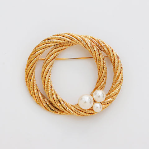 Christian Dior Circle Pearl Vintage Brooch Gold WS8877