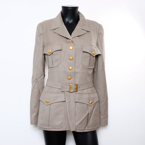 Chanel CHANEL 96A Size: 38 Wool Gold Button Military Belt Jacket Khaki WS8908