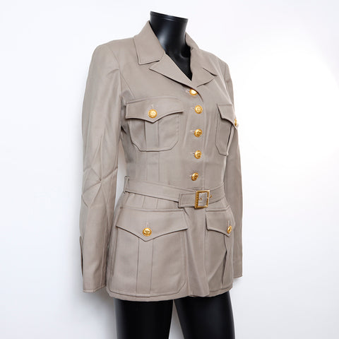 Chanel CHANEL 96A Size: 38 Wool Gold Button Military Belt Jacket Khaki WS8908