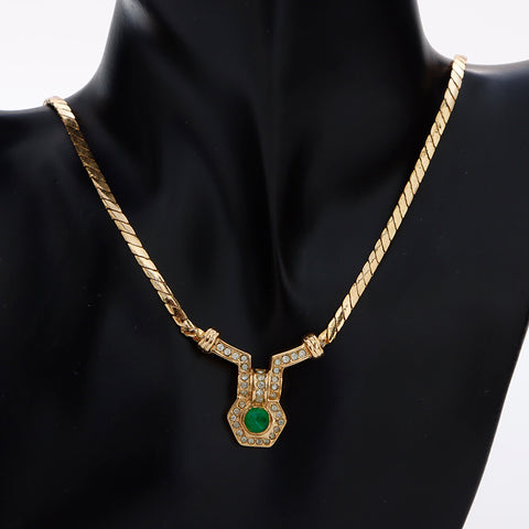 Christian Dior Rhinestone Green Necklace gold WS8958