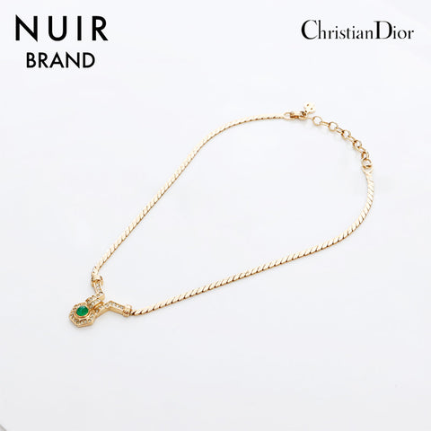 Christian Dior Rhinestone Green Necklace gold WS8958