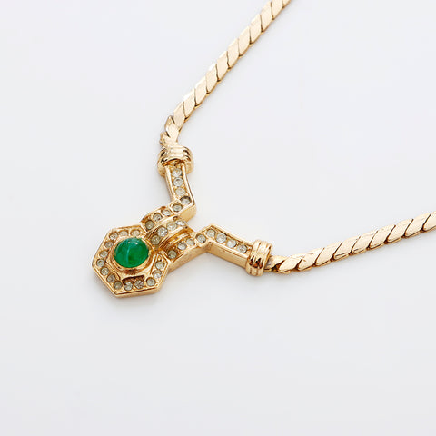 Christian Dior Rhinestone Green Necklace gold WS8958