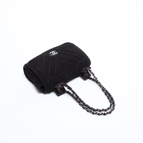 CHANEL 9.1" Chain COCO Mark Knit Wool Shoulder Bag black WS8995