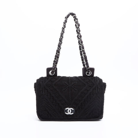 CHANEL 9.1" Chain COCO Mark Knit Wool Shoulder Bag black WS8995