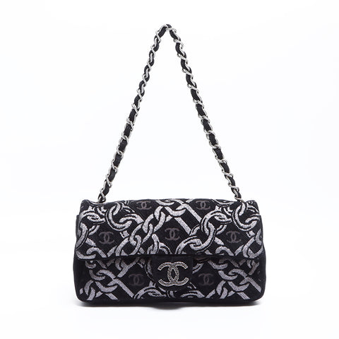 Sehr guter Zustand CHANEL Nr. 10 hier Mark Kettenstickerei silberne Hardware 25 cm Handtasche schwarz WS8996