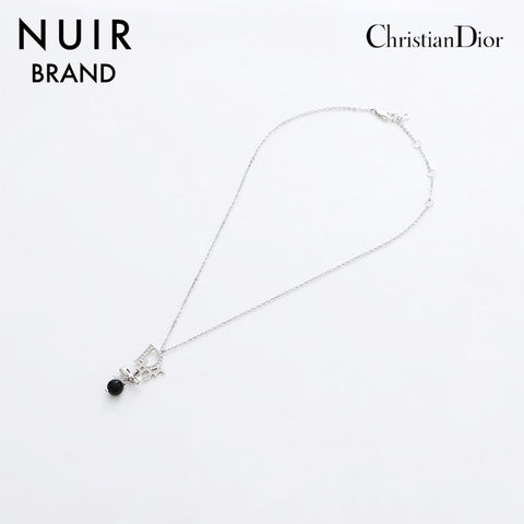 クリスチャンディオール Christian Dior リボン アルファベット ロゴ ラインストーン ネックレス シルバー WS9079