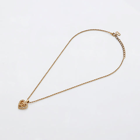 基督教Dior CD徽标Rhinestone Heart Vintage项链Gold WS9151